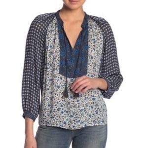 Lucky Brand XS Border Print Peasant Top